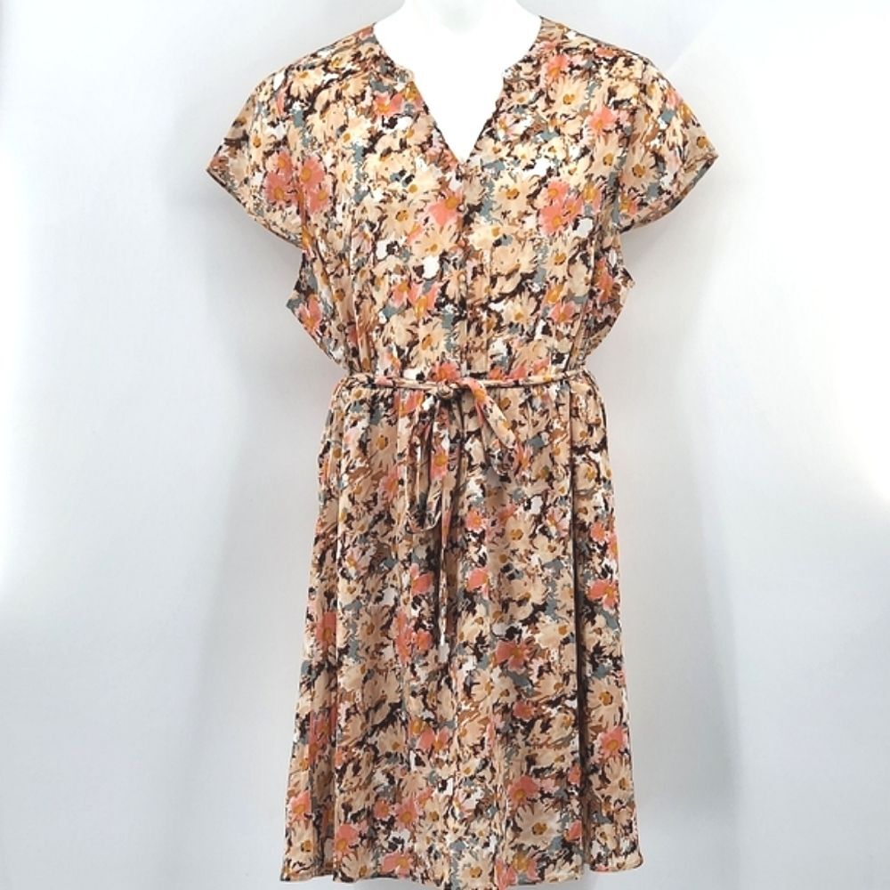 Agnes Orinda Dress Plus Size 3X Brown Beige Floral Print Tie Waist Office Work